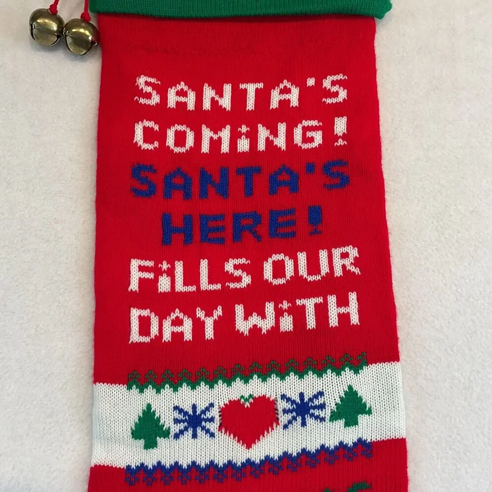 Kurt Adler Christmas Stocking Santa’s Coming Knitted Knit Oversized Taiwan Bells